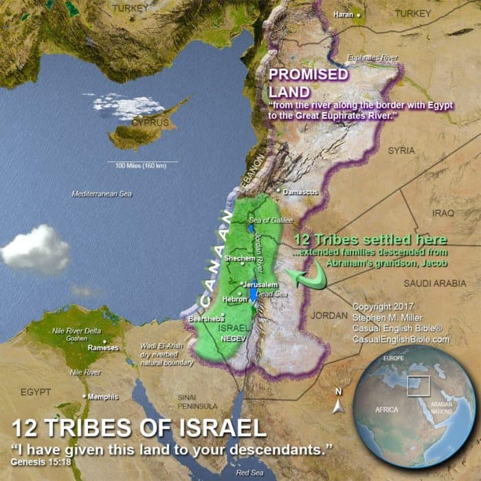 map showing Promised Land and 12 Tribes of Israel, copyright Stephen M. Miller