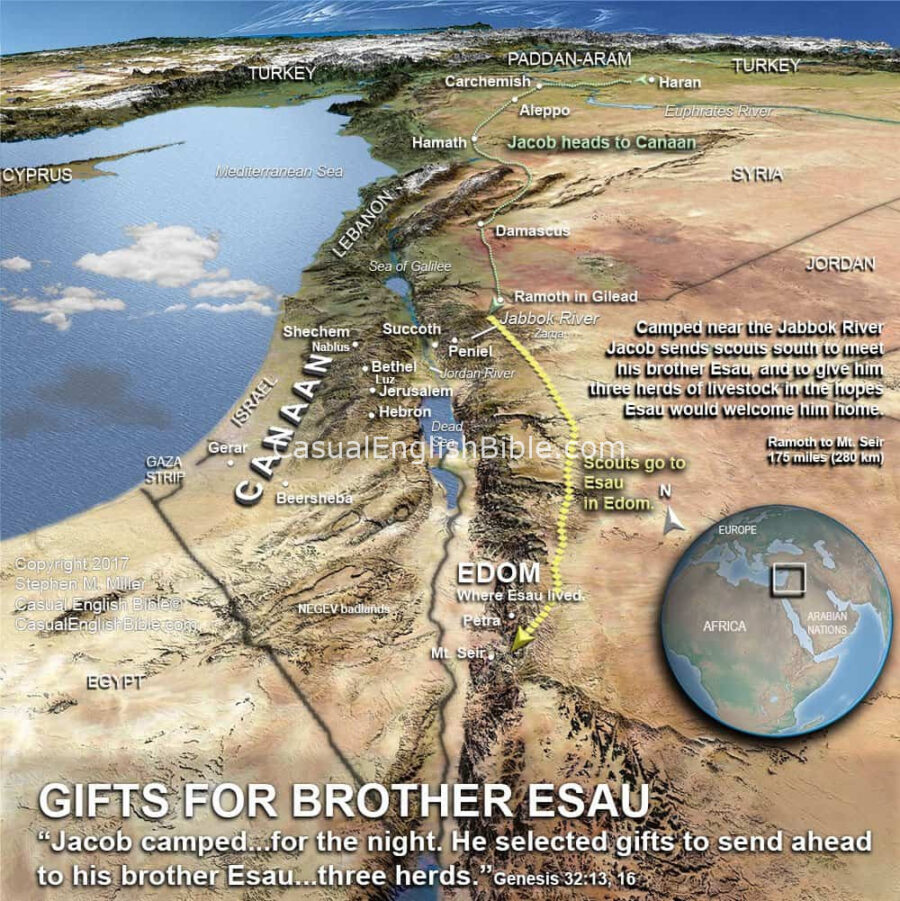 map of route of Jacob's scouts sent to Esau in Edom