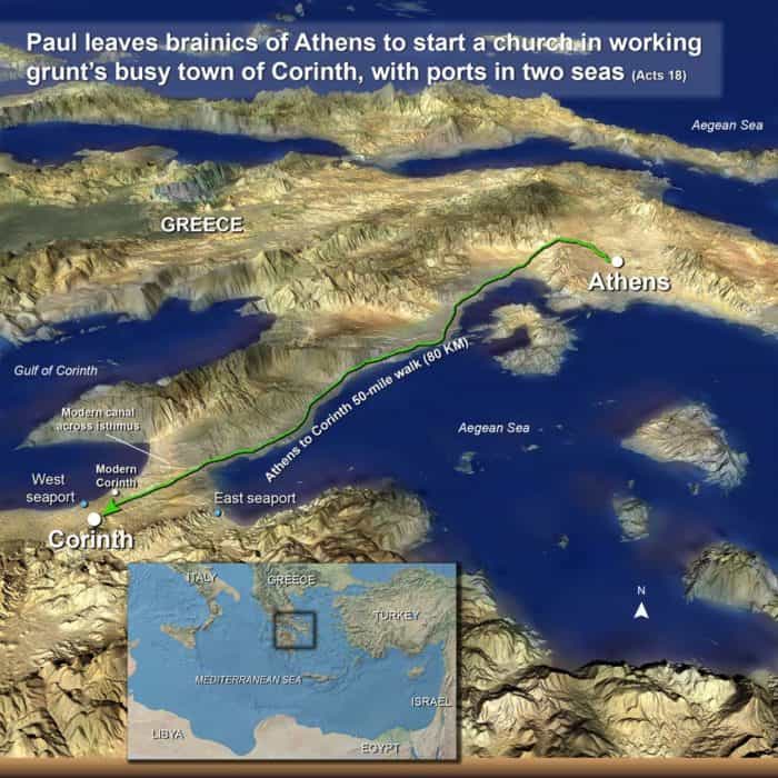 map of Paul’s trip from Athens to Corinth