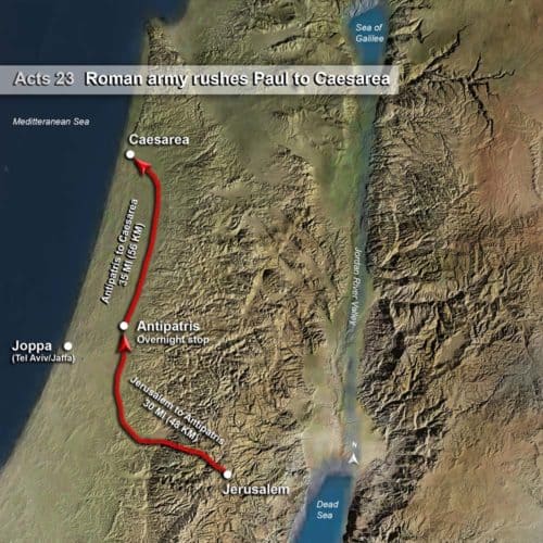 Map: Roman army rushes Paul to Caesarea