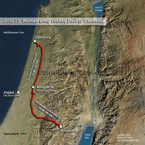 map of Roman army rushing Paul to Caesarea