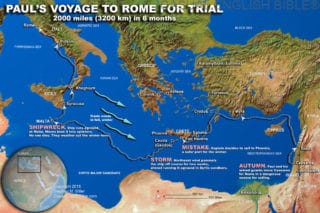 map of Paul's voyage to Rome for trial