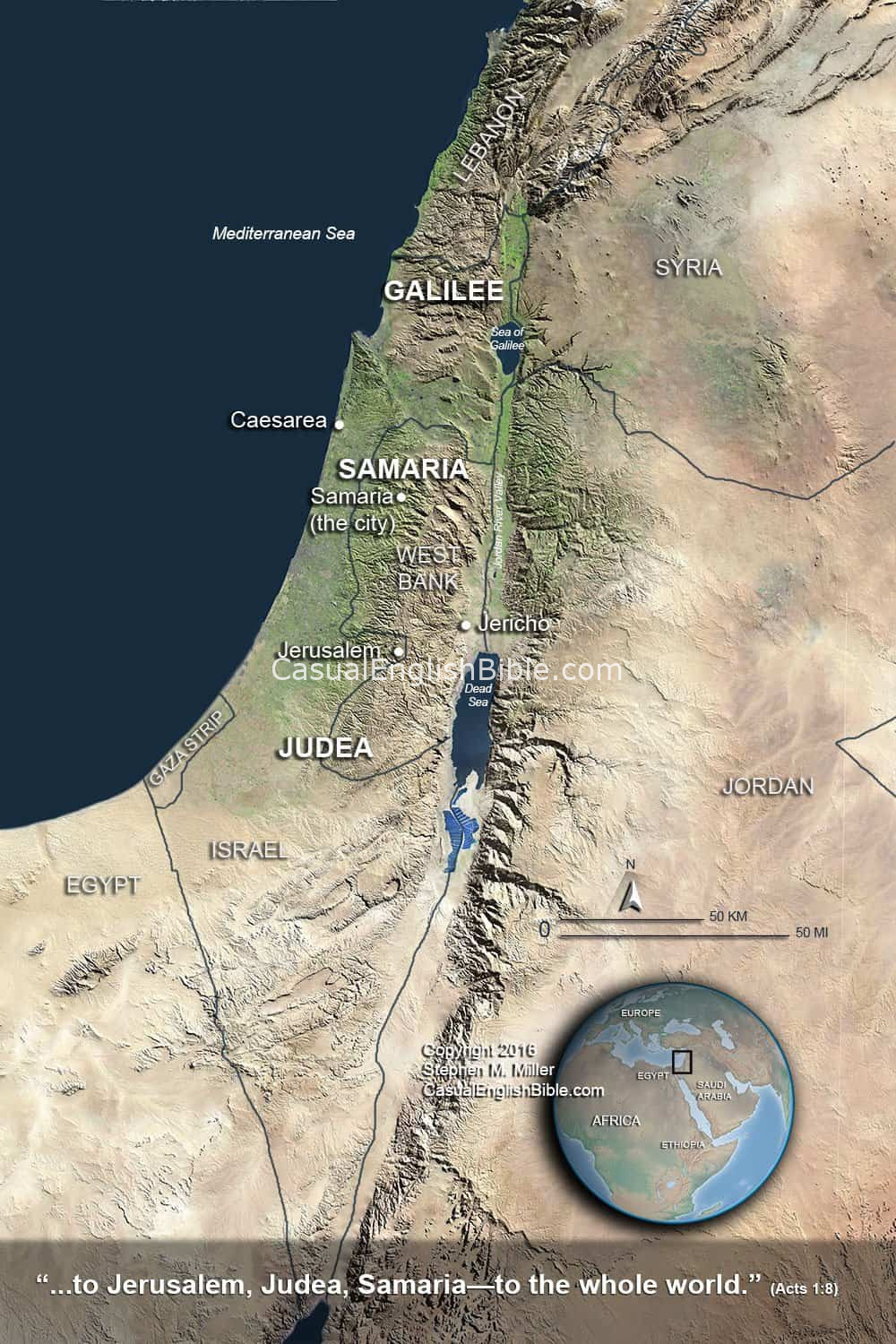 Map for Acts 1 of Jerusalem, Judea, Samaria. Copyright Stephen M. Miller Inc.