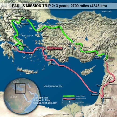 Map: Paul’s mission trip #2 & stopover in Ephesus