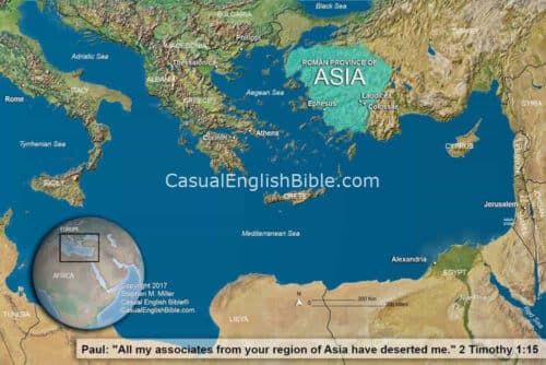 Bible map highlighting the Roman province of Asia, including Ephesus, Laodicea, and Colossae, in relation to Rome. 2 Timothy
