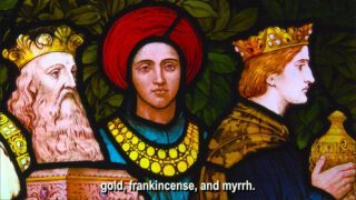 Art of wise men with gold, frankincense, and myrrh