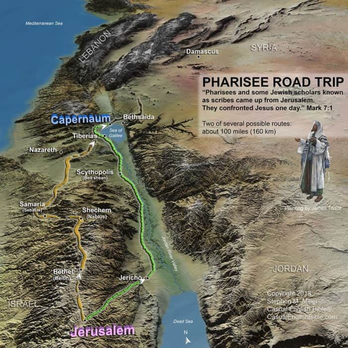 map of route of Pharisees from Jerusalem to Capernaum