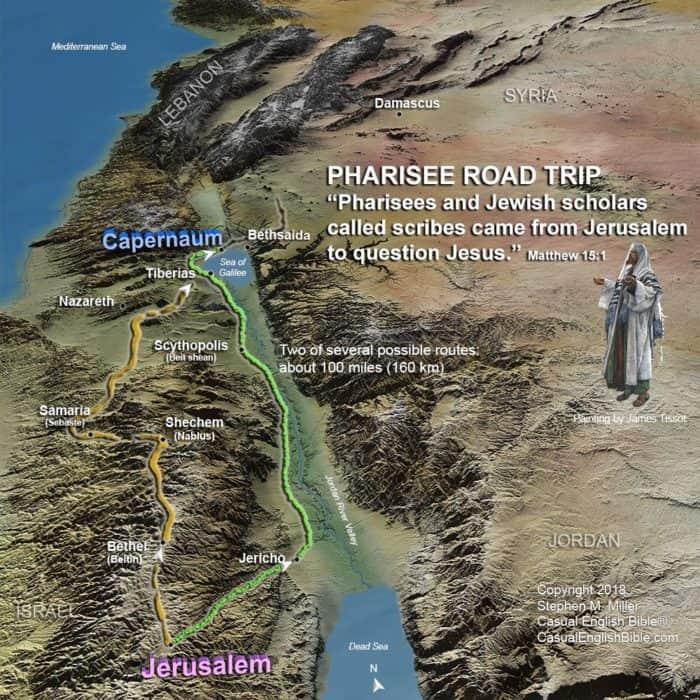 map of route Pharisees may have taken to Capernaum to see Jesus