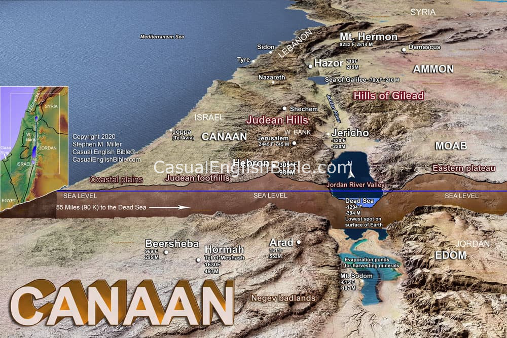 Bible map for publication available from Casual English Bible: cross-section of Israel