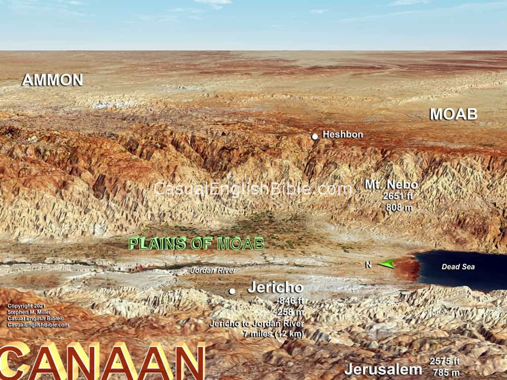 Bible 3d map of hills and plains of Moab and location of where Israelites crossed the Jordan River into Canaan