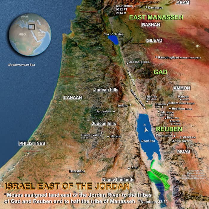 Map of Israelite tribes settling east of the Jordan River