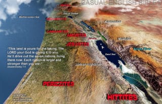 Map of Israelite enemies in the Promised Land, Hittites, Girgashites, Amorites, Canaanites, Perizzites, Hivites, and Jebusites.