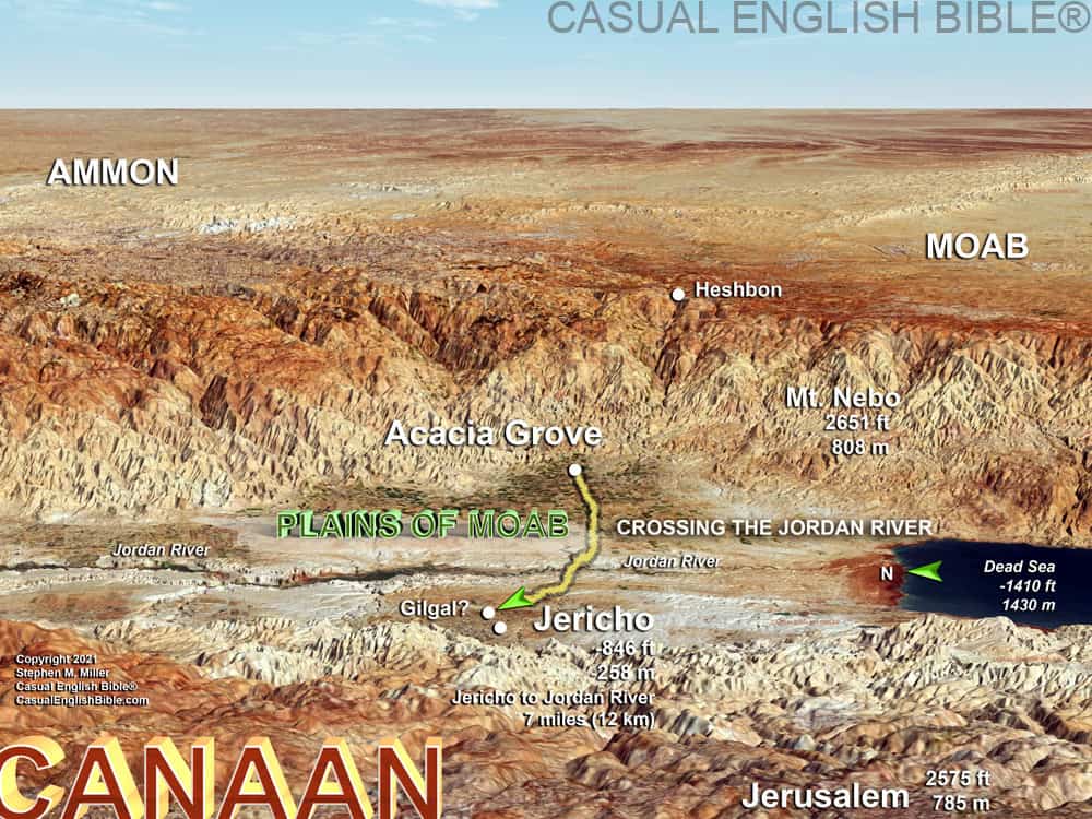 Map of Joshua and Israelites crossing Jordan River into Canaan, the Promised Land. From Acacia Grove to Gilgal and Jericho.