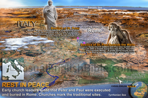 Map of burial places of Peter and Paul, located on an aerial photo of Rome. Casual English Bilble