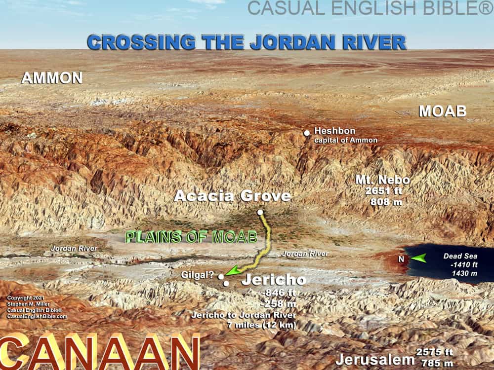 Map of Joshua and the Israelites crossing the Jordan River during their invasion into Canaan