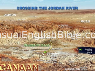 Map of Joshua and the Israelites crossing the Jordan River during their invasion into Canaan