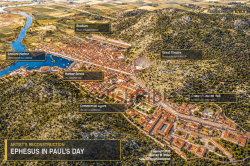 Artist reconstruction of Ephesus in the time of Apostle Paul, in the mid-first century AD. map illustration