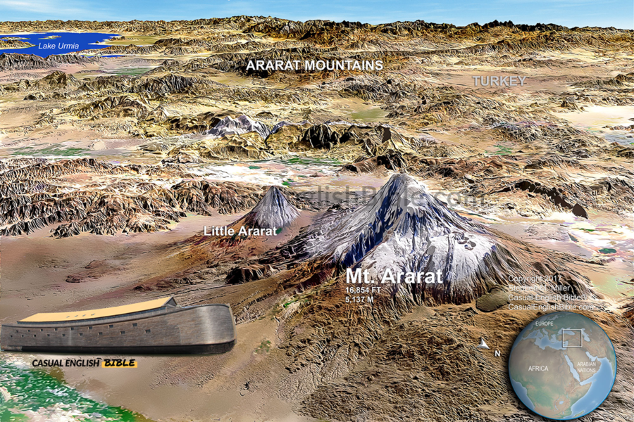 Map of Mount Ararat, with picture representing what Noah's Ark may have looked like. For The Casual English Bible