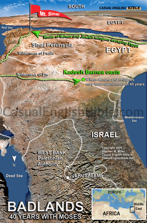 What English Bible map of the route of Moses and refugees An Oasis in Egypt - hebrews-3-map-sinai-badlands-1200px