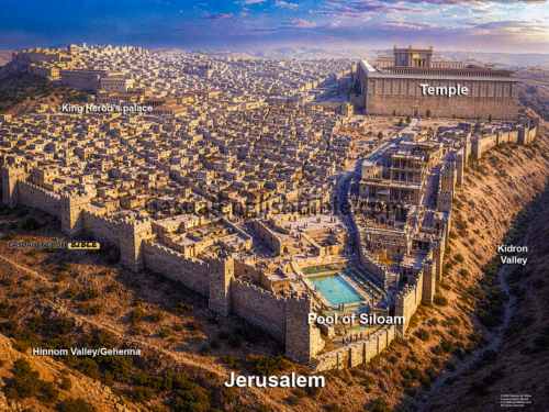 Pool of Siloam in illustration of Jerusalem during the time of Jesus. For the Casual English Bible