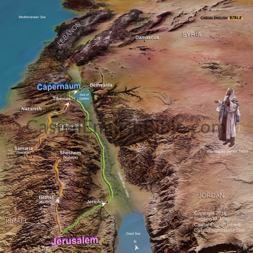 Pharisees travel from Jerusalem to Capernaum to see the Jesus rabbi they've been hearing about.