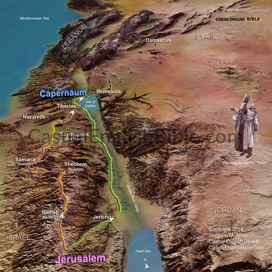 Pharisees travel from Jerusalem to Capernaum to see the Jesus rabbi they've been hearing about.