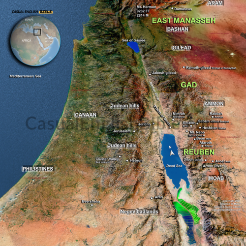 Map of Israel east of the Jordan River during the exodus to the Promised Land. For The Casual English Bible