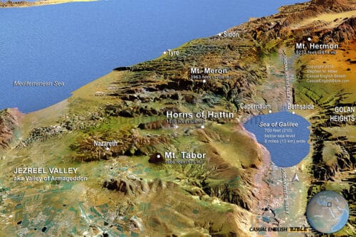 3D map of mountains of Galilee including mount Herman, Mount Tabor, mount Maron. For the Casual English Bible