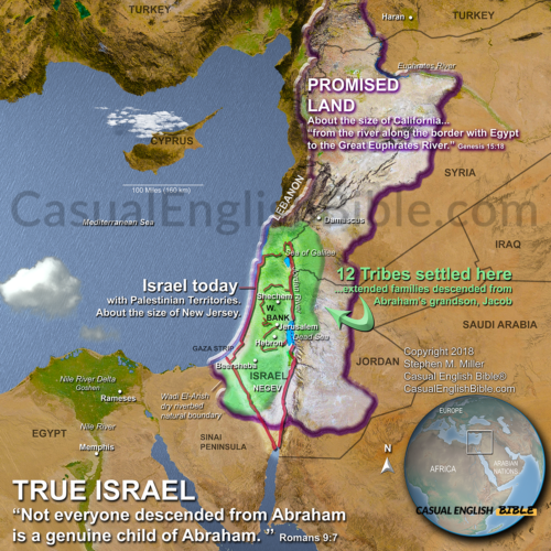 Map of what the Bible said were the boundaries of the ancient Jewish homeland, the Promised Land. For The Casual English Bible.