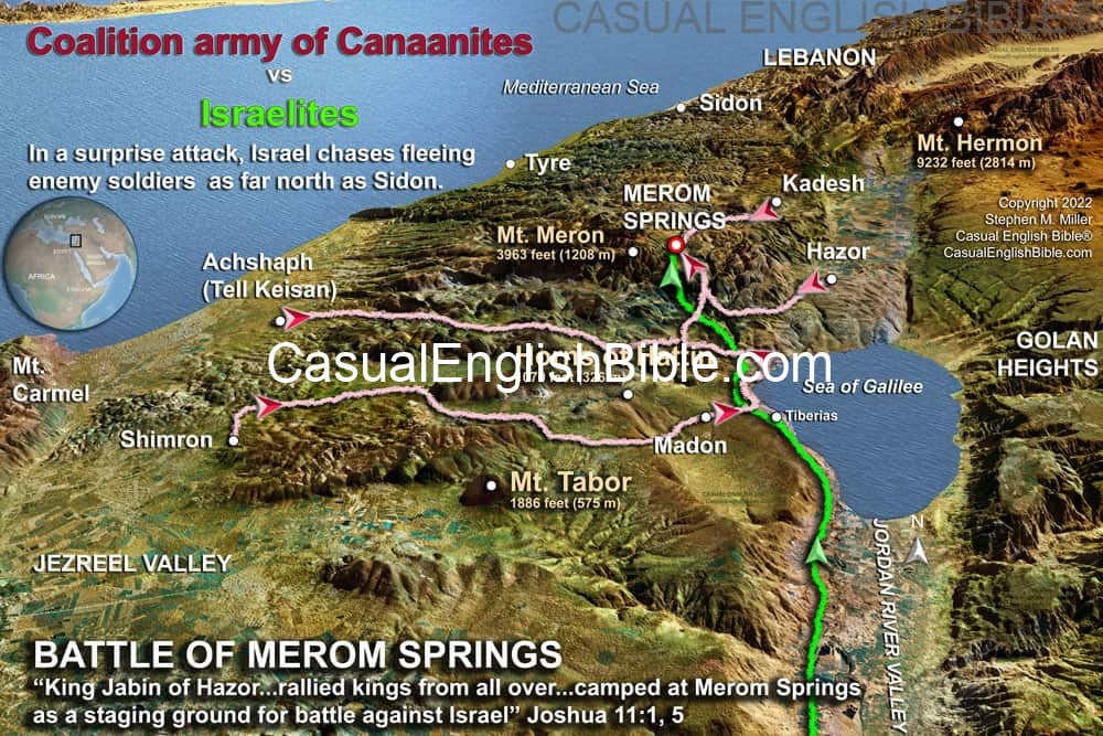 map of Joshua and Israelites at battle of waters of Merom, or Merom Springs map of Joshua and Israelites at battle of waters of Merom, or Merom Springs