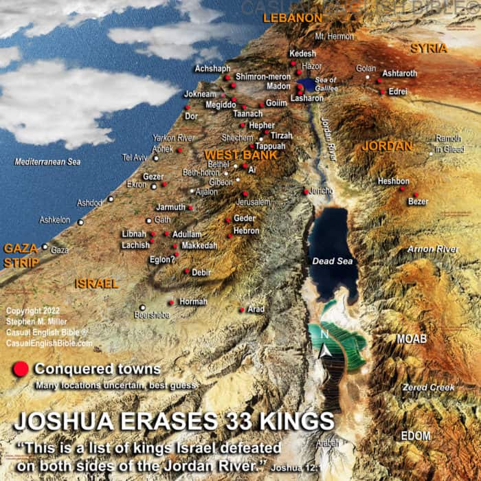 map of cities Joshua and the Israelites conquered in Canaan on both sides of the Jordan River