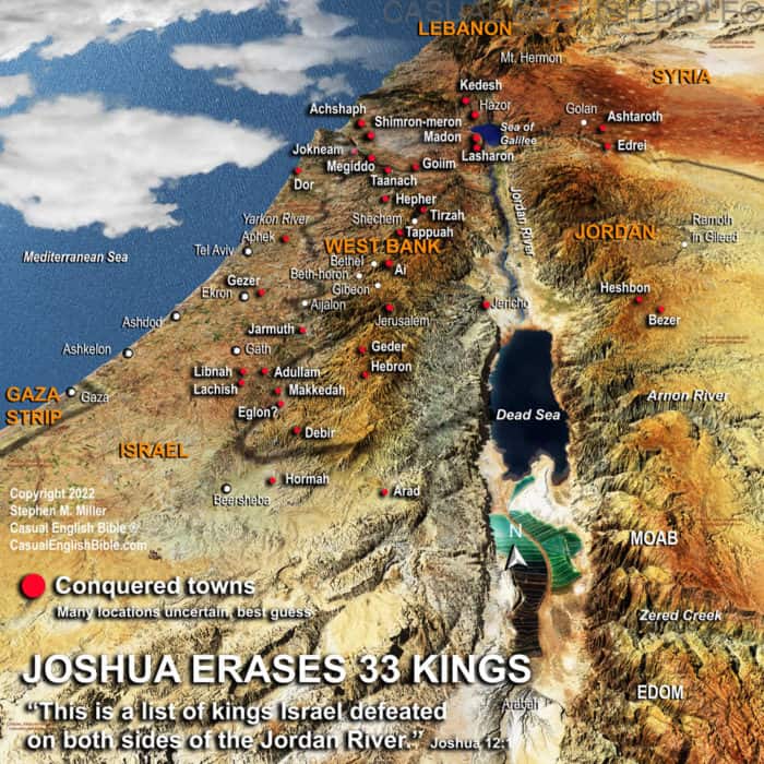 map of cities Joshua and the Israelites conquered in Canaan on both sides of the Jordan River map of cities Joshua and the Israelites conquered in Canaan on both sides of the Jordan River
