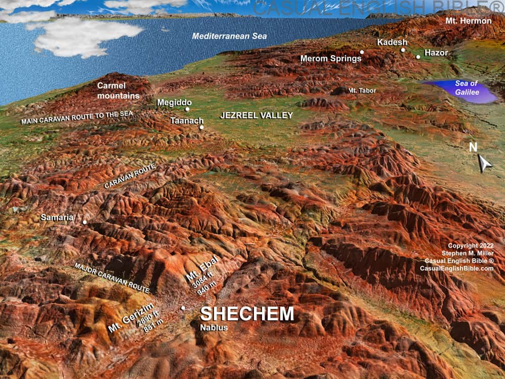 map of Shechem, Mt. Gerizim and Mt. Ebal