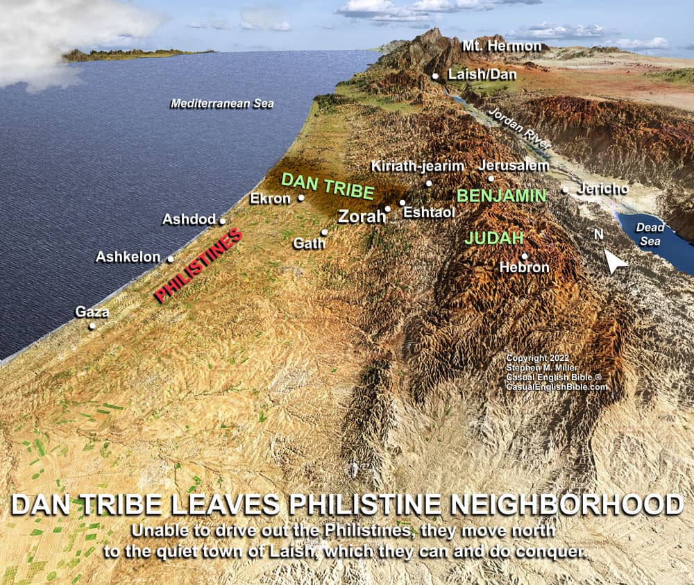 map of Dan's tribe moving from the coast to Laish at the foot of Mount Hermon 