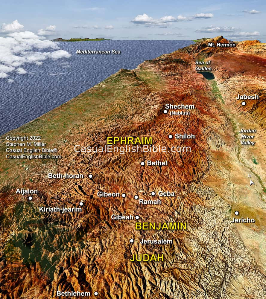 map of tribes of Ephraim, Benjamin, Judah in the Promised Land