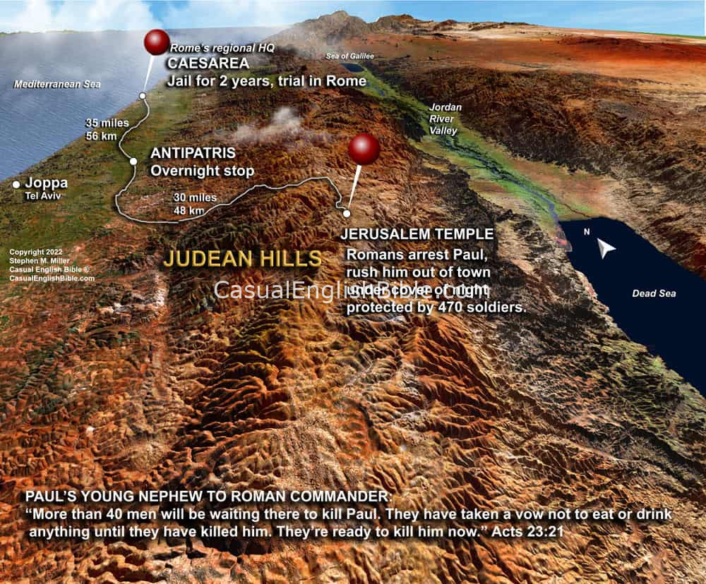 Map: map Roman army escorting Paul to Caesarea