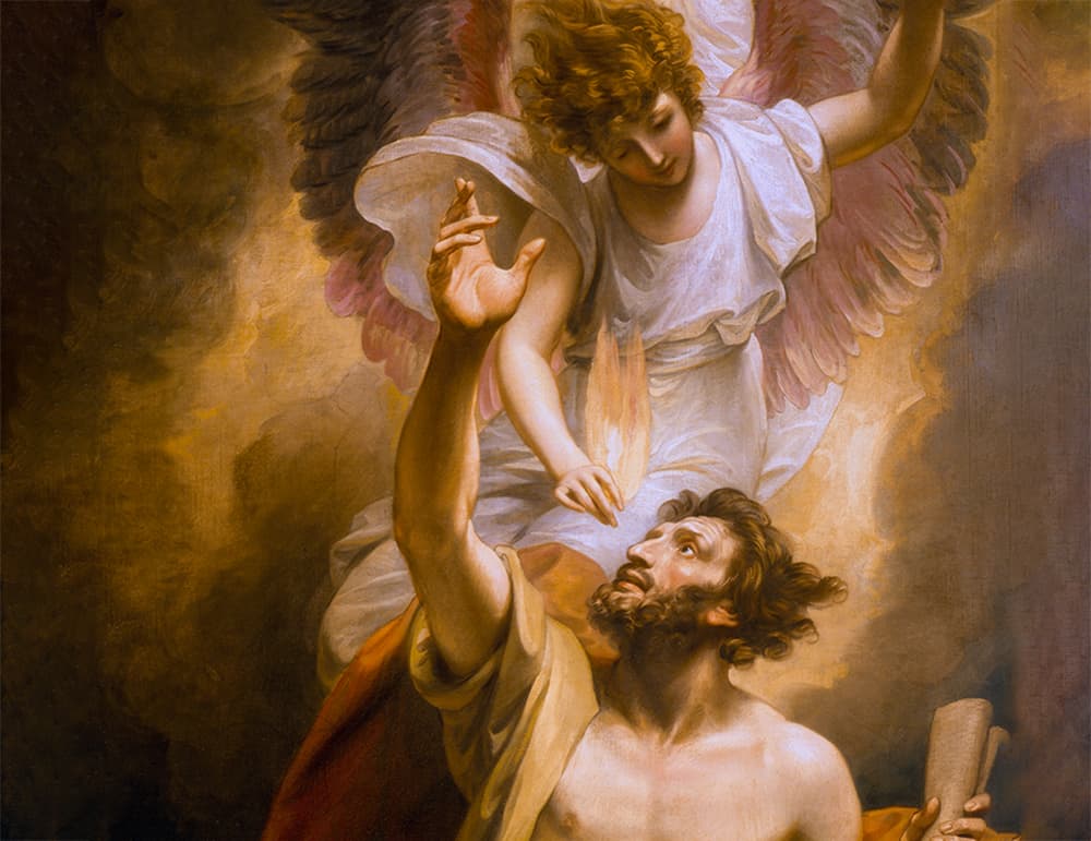 Painting of an angel touching Isaiah's lips with a hot coal