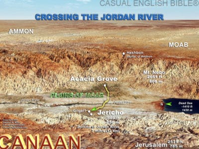 Casual English Bible map of Joshua's route across the Jordan River into Promised Land