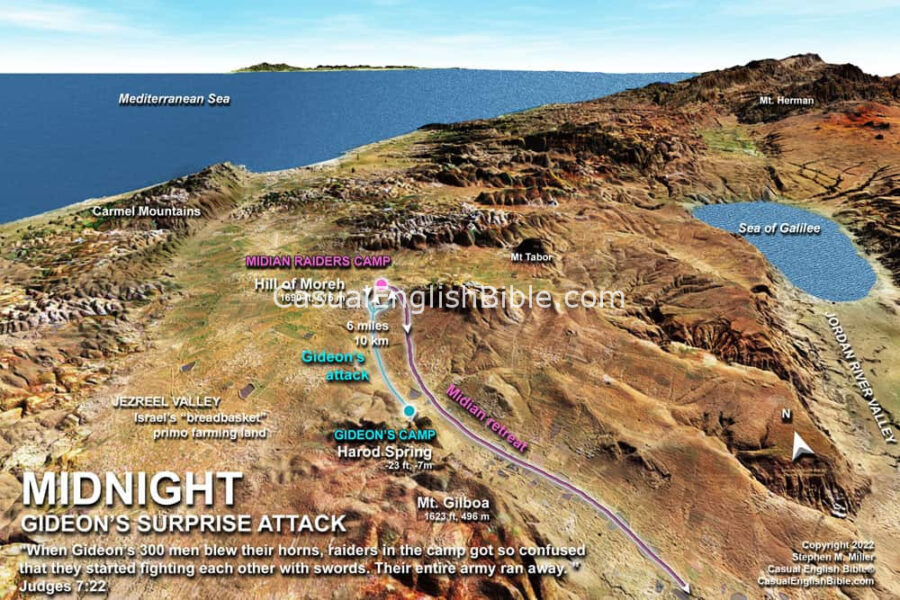 Map of Gideon's battle with Midian invaders in the Bible book of Judges-Casual English Bible