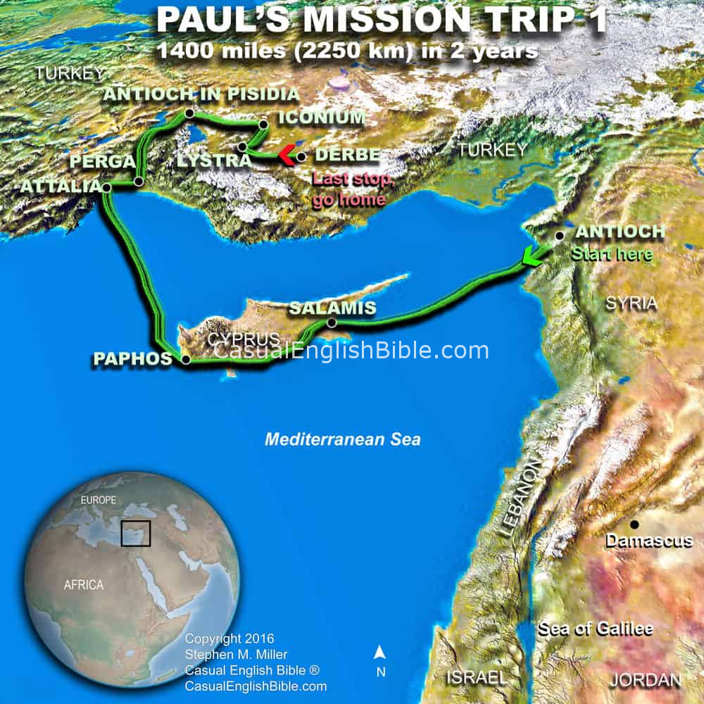 Casual English Bible Map of Paul's first mission trip