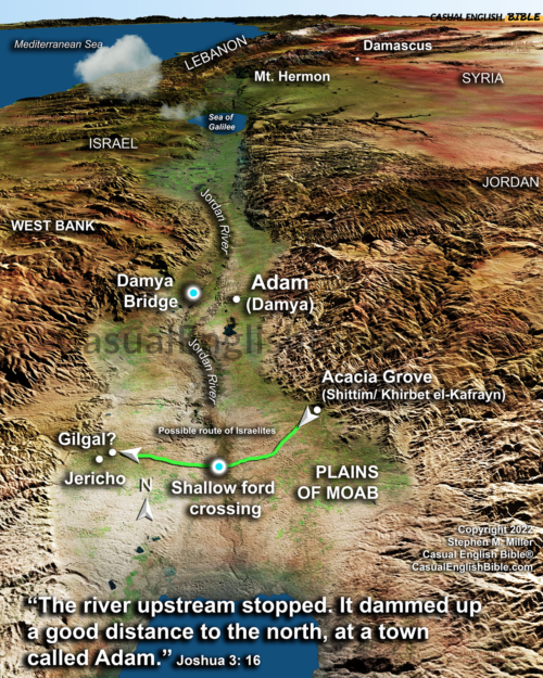 Map of where Hebrews of the Exodus crossed the Jordan River when the river stopped flowing.