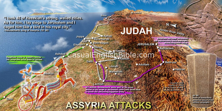 Bible map of Assyrians attacking Jerusalem