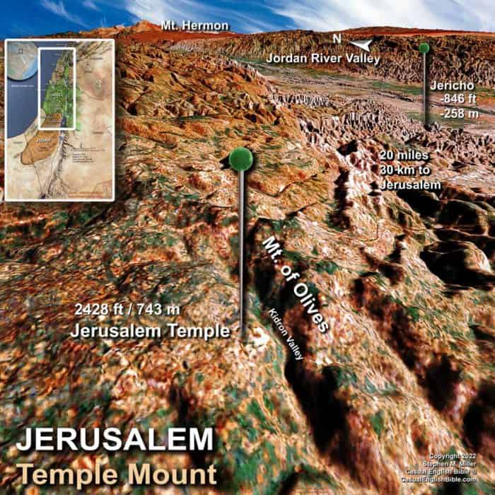 Map of the Jerusalem Temple Mount, with Jericho and the Jordan River Valley in the distance. 