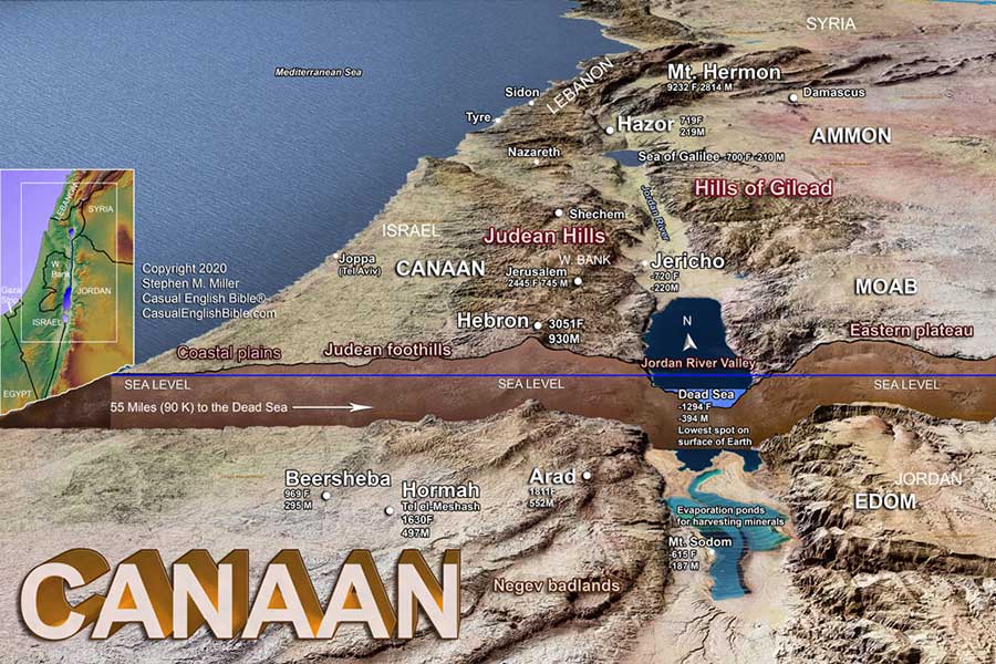 Bible map of Israel with a 3D-style cross-section. for the Casual English Bible