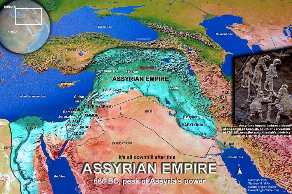 Map of Assyrian Empire at its greatest strength in 660 BC