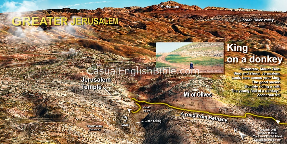 Map of the road to Jerusalem for a king on a donkey. This is a prophecy of Zechariah that early Christians including the New Testament writer of the Gospel of Matthew said pointed to the Triumphal Entry of Jesus into Jerusalem on Palm Sunday, a few days before his crucifixion.