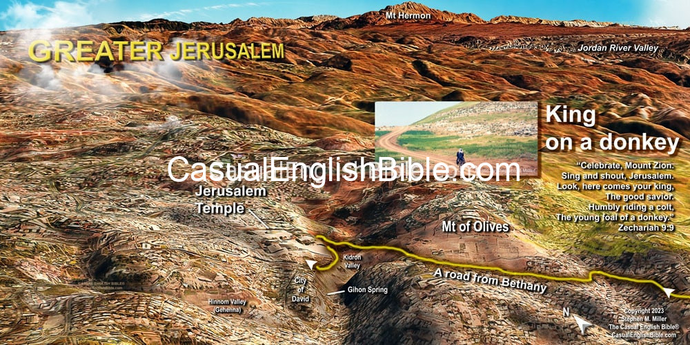 Map of the road to Jerusalem for a king on a donkey. This is a prophecy of Zechariah that early Christians including the New Testament writer of the Gospel of Matthew said pointed to the Triumphal Entry of Jesus into Jerusalem on Palm Sunday, a few days before his crucifixion. Map of the road to Jerusalem for a king on a donkey. This is a prophecy of Zechariah that early Christians including the New Testament writer of the Gospel of Matthew said pointed to the Triumphal Entry of Jesus into Jerusalem on Palm Sunday, a few days before his crucifixion.