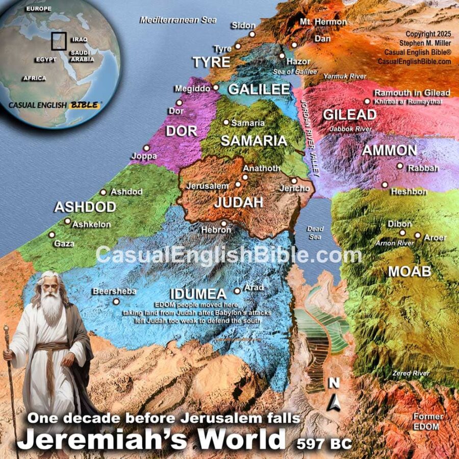 3D-style map of Jeremiah's world in about 597 BC, after Babylonian attacks left Judah too weak to protect much of its territory from Edom's people who moved into southern Judah.