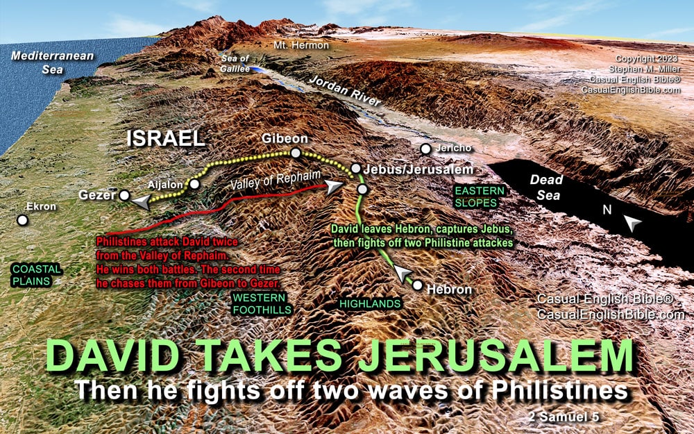 3D Bible Map of David taking Jerusalem and fighting off 2 Philistine attacks. For the Casual English Bible.