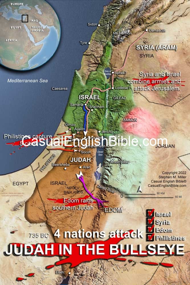 Bible map of Judah under attack by Israel, Syria, Edom, and the philistines. Bible map of Judah under attack by Israel, Syria, Edom, and the philistines.